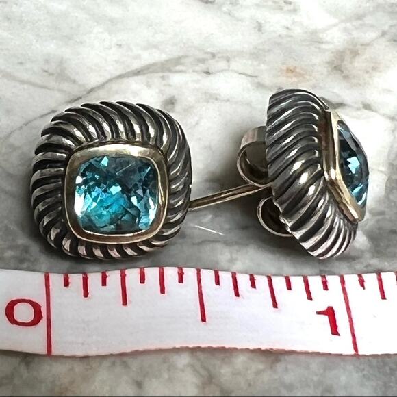 David Yurman Earrings Authentic Blue Topaz Albion Stud 14K Gold & 925 Silver - Picture 7 of 7